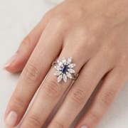925 Sterling Silver Marquise Diamond Blue Flower Ring for Women